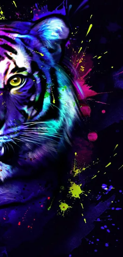 Vibrant abstract tiger art with bold colors and splatter effects.