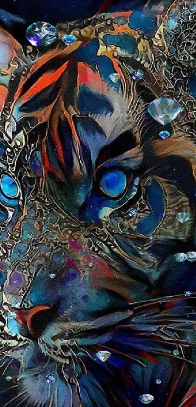 Abstract tiger with blue and orange hues in a vibrant design.