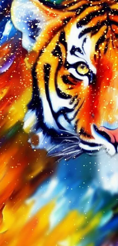 Vibrant abstract tiger with colorful splashes on wallpaper.