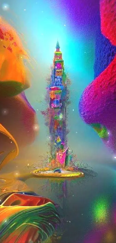 Colorful abstract tower with vibrant hues.