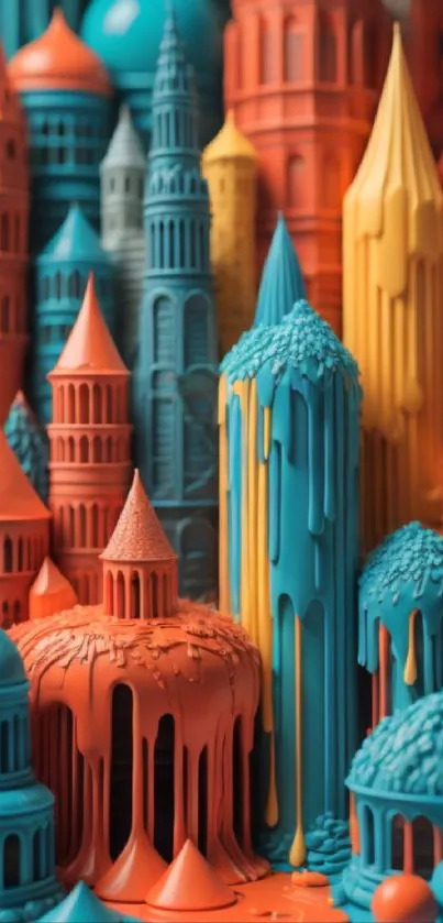 Colorful abstract towers wallpaper in teal and orange hues.