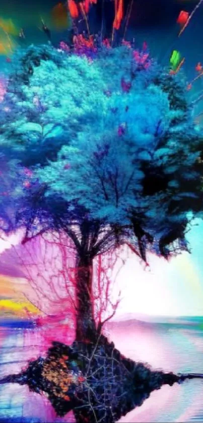 Vibrant abstract tree artwork with colorful brushstrokes.