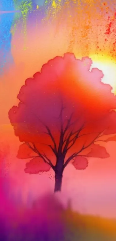 Vibrant abstract tree on colorful background with warm hues and sunrise glow.