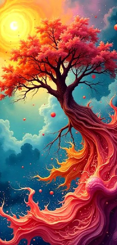 Surreal abstract tree with vibrant colors in fantasy landscape wallpaper.