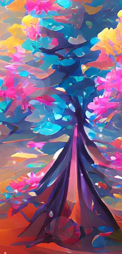 Vibrant abstract tree artwork with colorful branches.