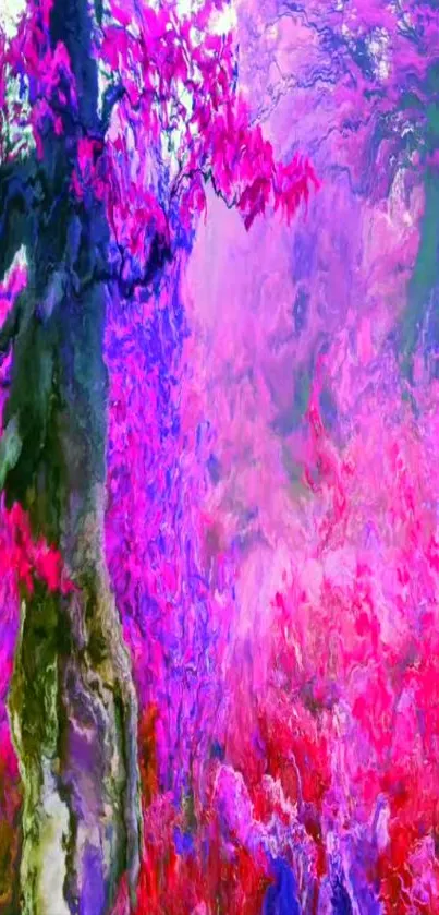 Vibrant abstract tree art with pink and purple hues on mobile wallpaper.