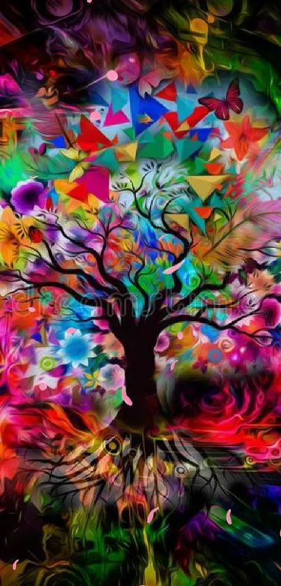 Vibrant abstract tree with colorful geometric elements.