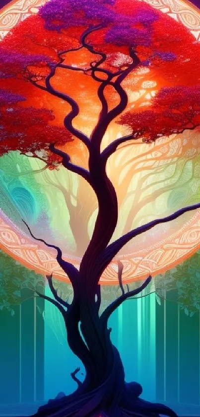 Vibrant abstract tree with radiant colors and mystical elements.