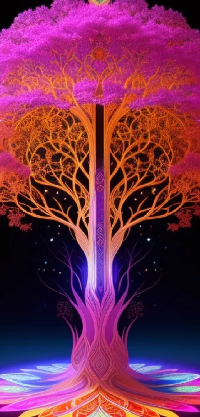 Vibrant abstract tree with mystical colors and patterns on a black background.