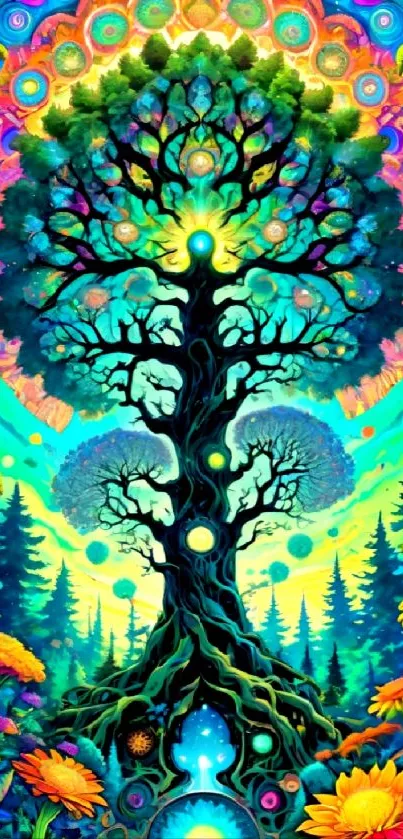 Vibrant psychedelic tree wallpaper with colorful forest and cosmic designs.