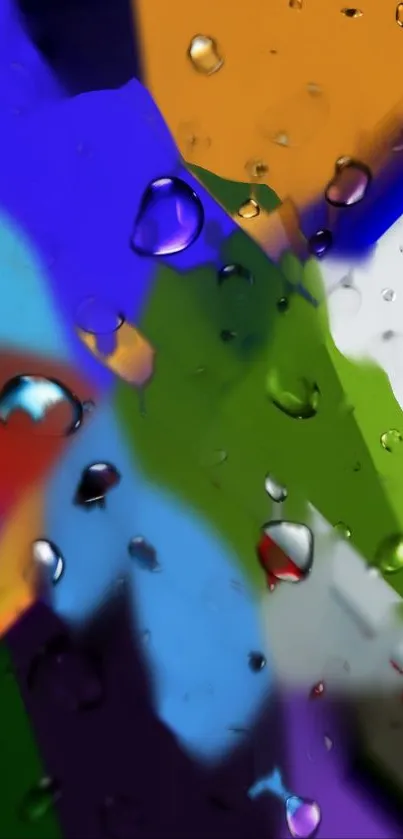 Vibrant abstract wallpaper with colorful shapes and water droplets.