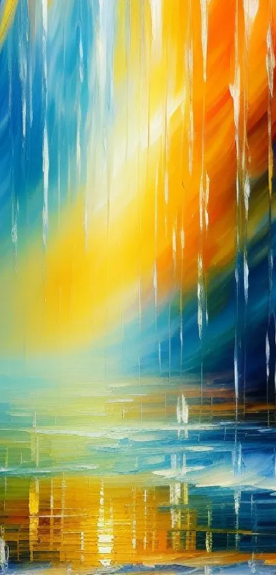 Vibrant abstract watercolor artwork with blue, yellow, and orange hues.