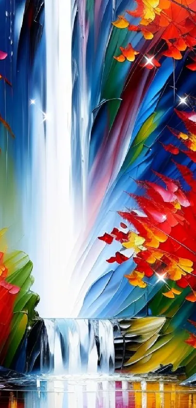 Vibrant abstract waterfall with colorful foliage.