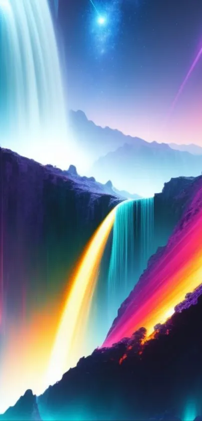 Abstract neon waterfall with vibrant colors in a surreal fantasy landscape.