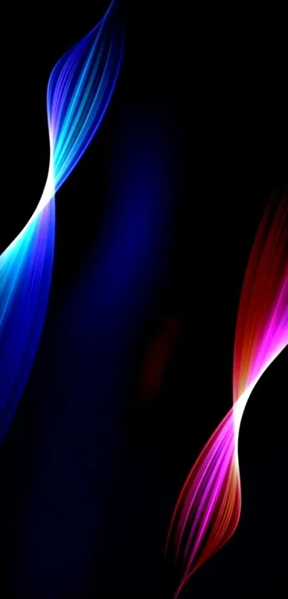 Abstract wave design with vibrant blue and pink hues on black background.