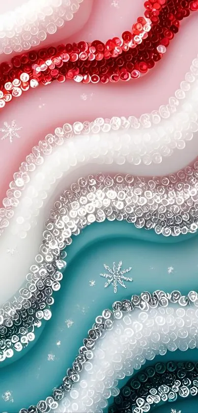 Abstract vibrant sequin waves design in red and white tones.