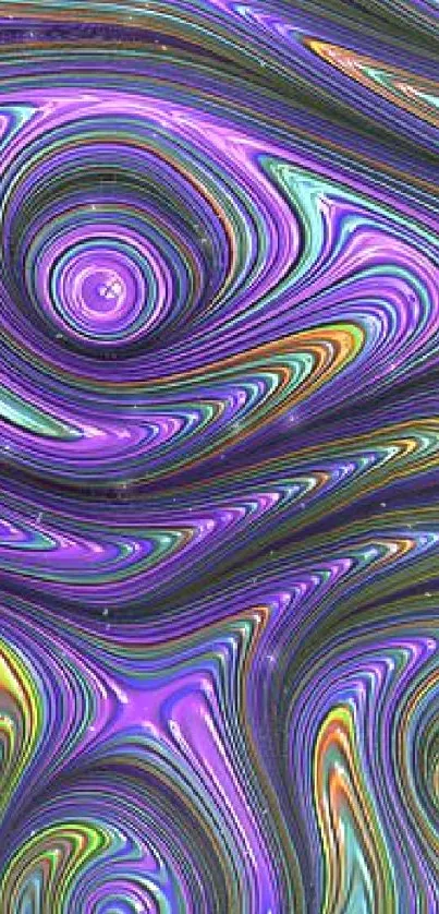 Vibrant abstract wallpaper with swirling purple waves and multicolor accents.