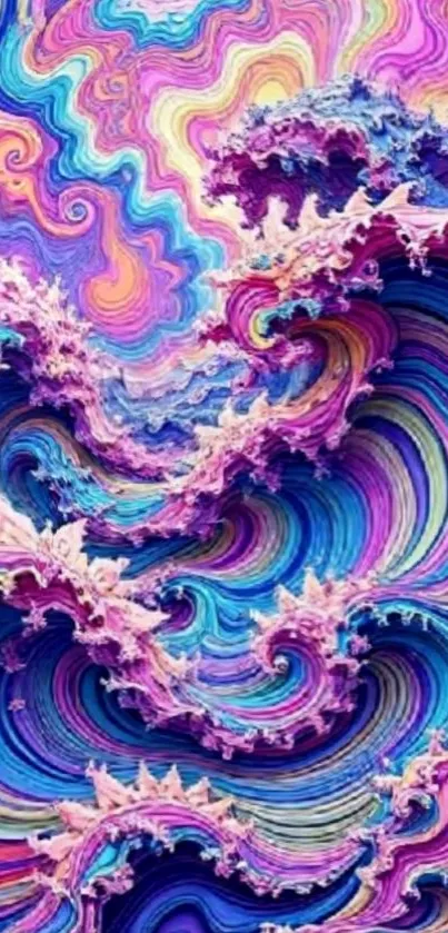 Vibrant abstract waves with swirling patterns and colorful hues.