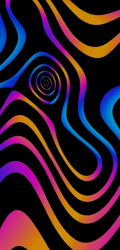 Vibrant abstract wallpaper with neon waves on a black background.