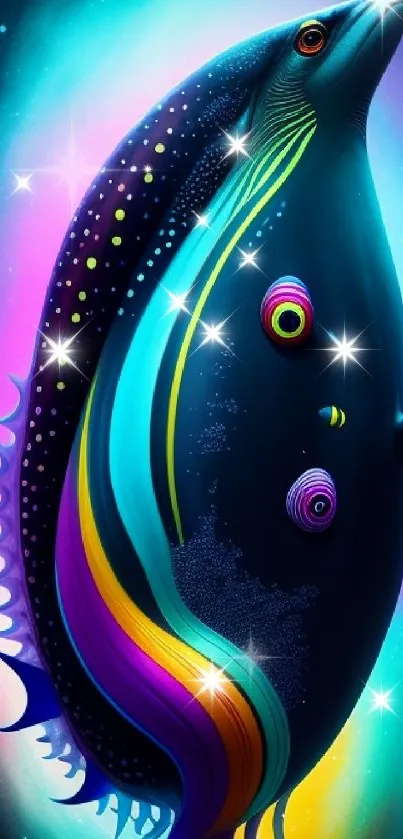 Vibrant abstract whale design with neon colors and artistic patterns.