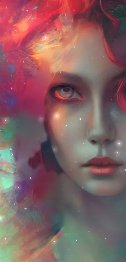 Vibrant abstract art of a woman with colorful hues and cosmic effects.