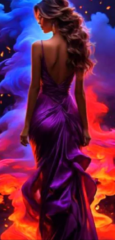 Woman in purple dress amidst colorful fiery and cool abstract background.