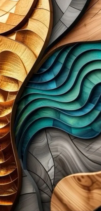 Abstract wooden wave pattern with vibrant colors.