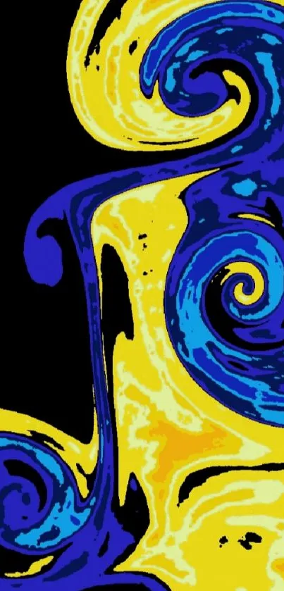 Abstract yellow and blue swirling pattern on a mobile wallpaper.