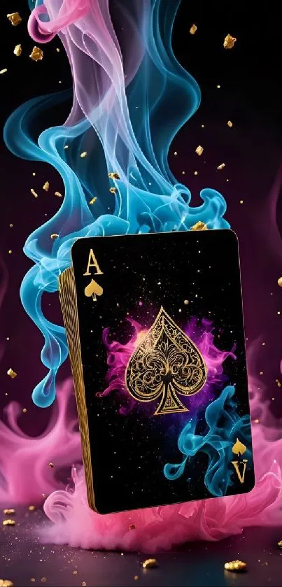 Colorful ace of spades card with smoke and gold sparkles.
