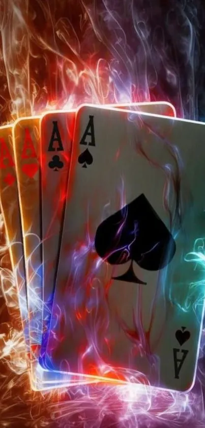 Vibrant glowing ace cards with fiery and colorful background.