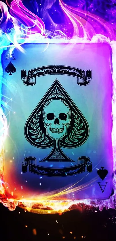 Ace of Spades with skull, surrounded by colorful flames.