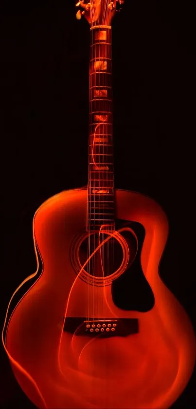 Orange glowing acoustic guitar on dark background.