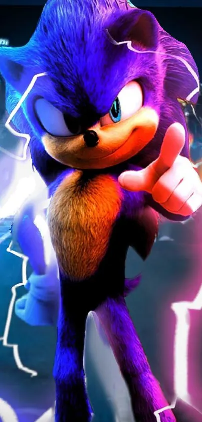 Vibrant blue hedgehog in action pose with electrifying background.