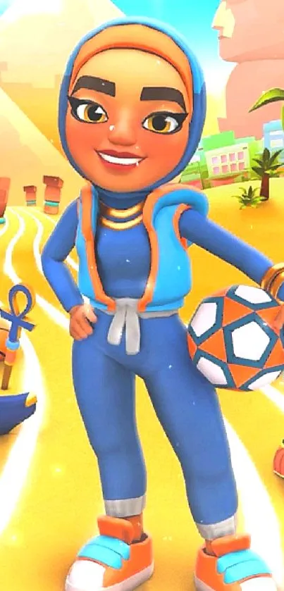 Animated character in desert with vibrant colors and sports gear.