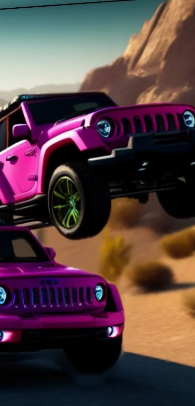 Magenta Jeeps in a dynamic desert scene.