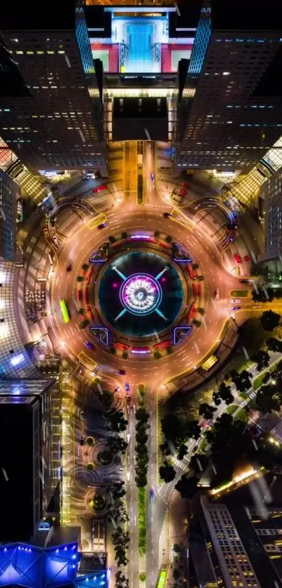 Aerial view of vibrant city lights at night.