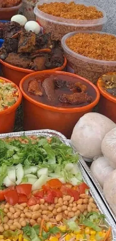 Colorful African feast with jollof rice, fresh salad, and various traditional dishes.