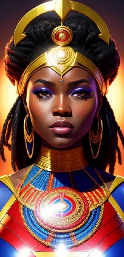 Vibrant African queen digital art wallpaper with rich colors and cultural elements.