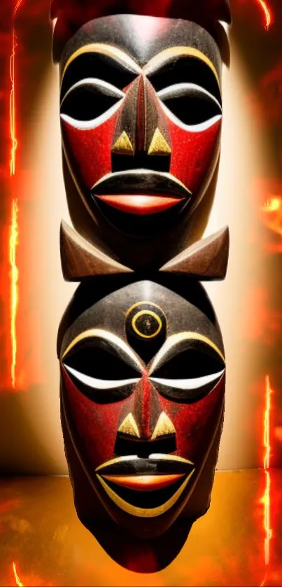 Vibrant African tribal masks on fire-themed background.