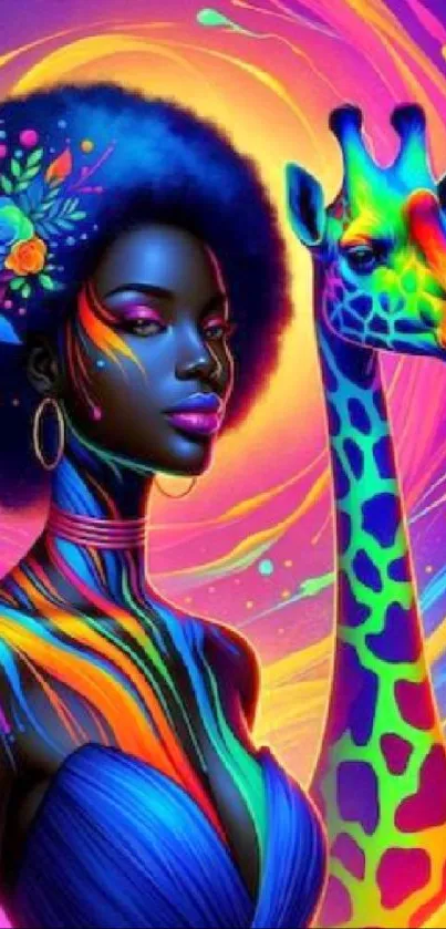 Colorful artwork of a woman and a giraffe with vibrant colors.