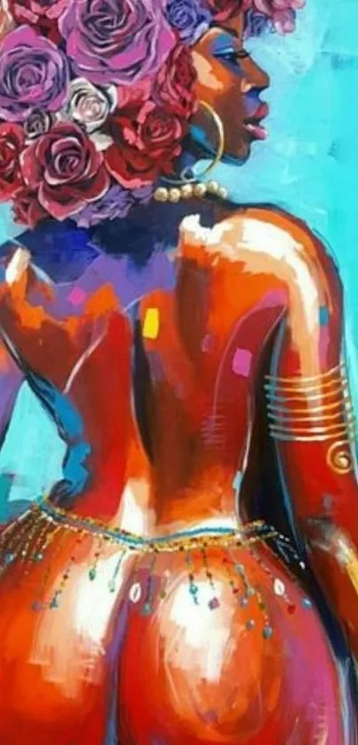 Vibrant Afro art with colorful portrait and flowers.