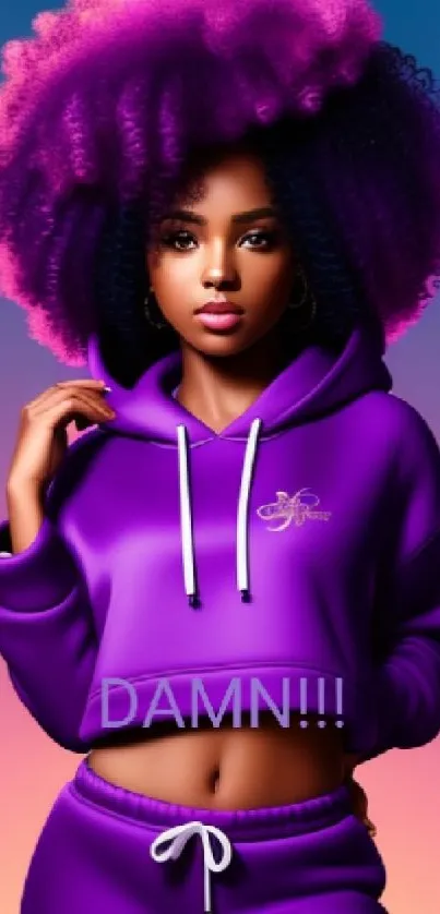 Stylish woman with purple hair and hoodie on vibrant background.