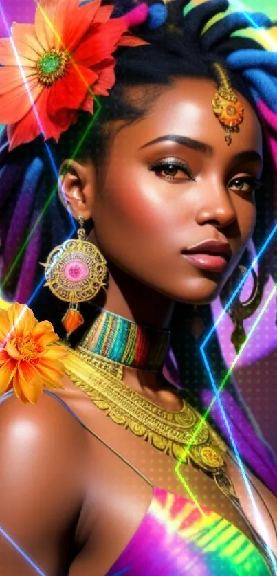 Vibrant Afrocentric art with colorful flowers and patterns.