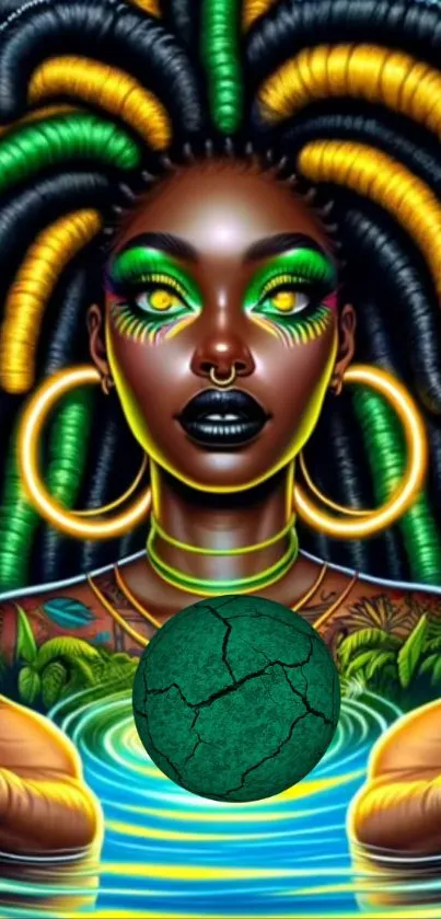 Afrocentric art of a woman with colorful hair and green orb.