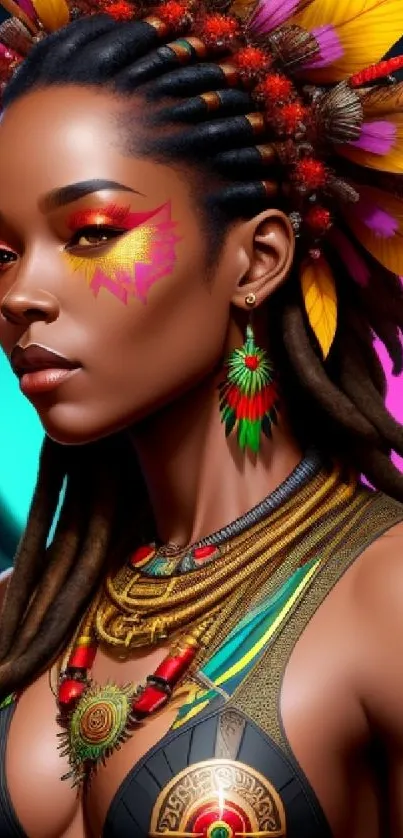 Vibrant Afrocentric woman with colorful adornments and traditional jewelry in digital art.