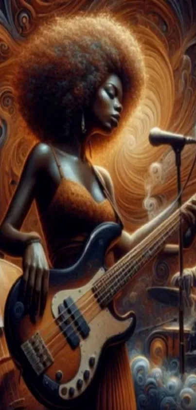 Afrocentric music art wallpaper with woman bassist and vibrant swirls.