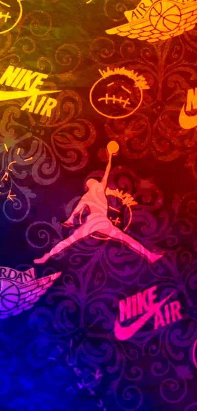 Colorful wallpaper with Nike logos and silhouette.