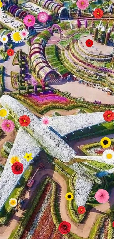 Aerial view of a vibrant airplane-shaped flower garden.