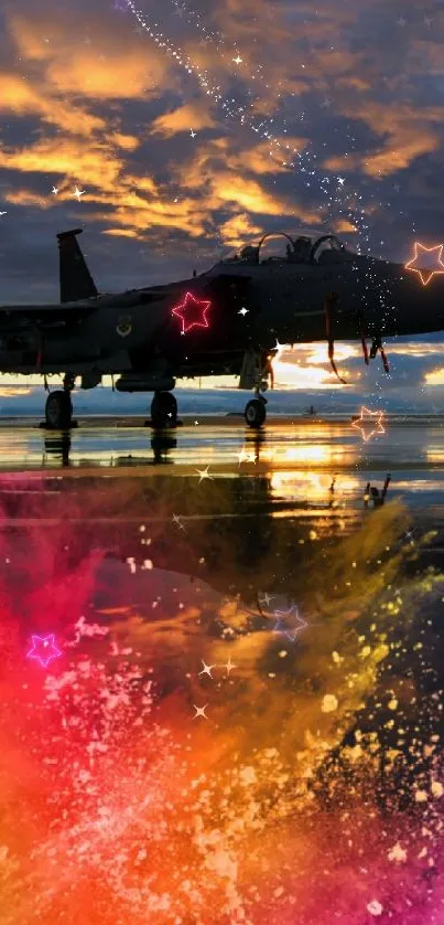 Aircraft silhouette with vibrant sunset and colorful abstract design.