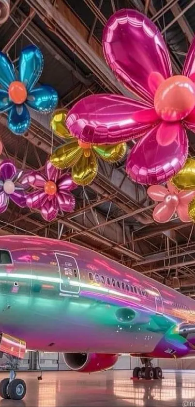 Colorful aircraft with floral balloons in hangar.
